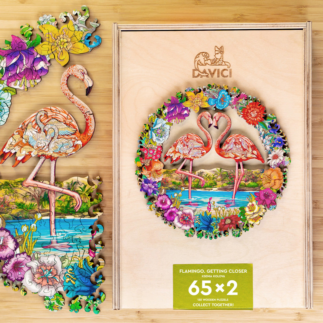 DAVICI Exclusieve houten puzzel - Flamingo - 130 stukjes - Decoratieve houten kist
